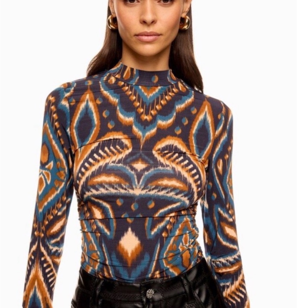 FARM Rio Blue & Brown Ikat-Print Mock Neck Top